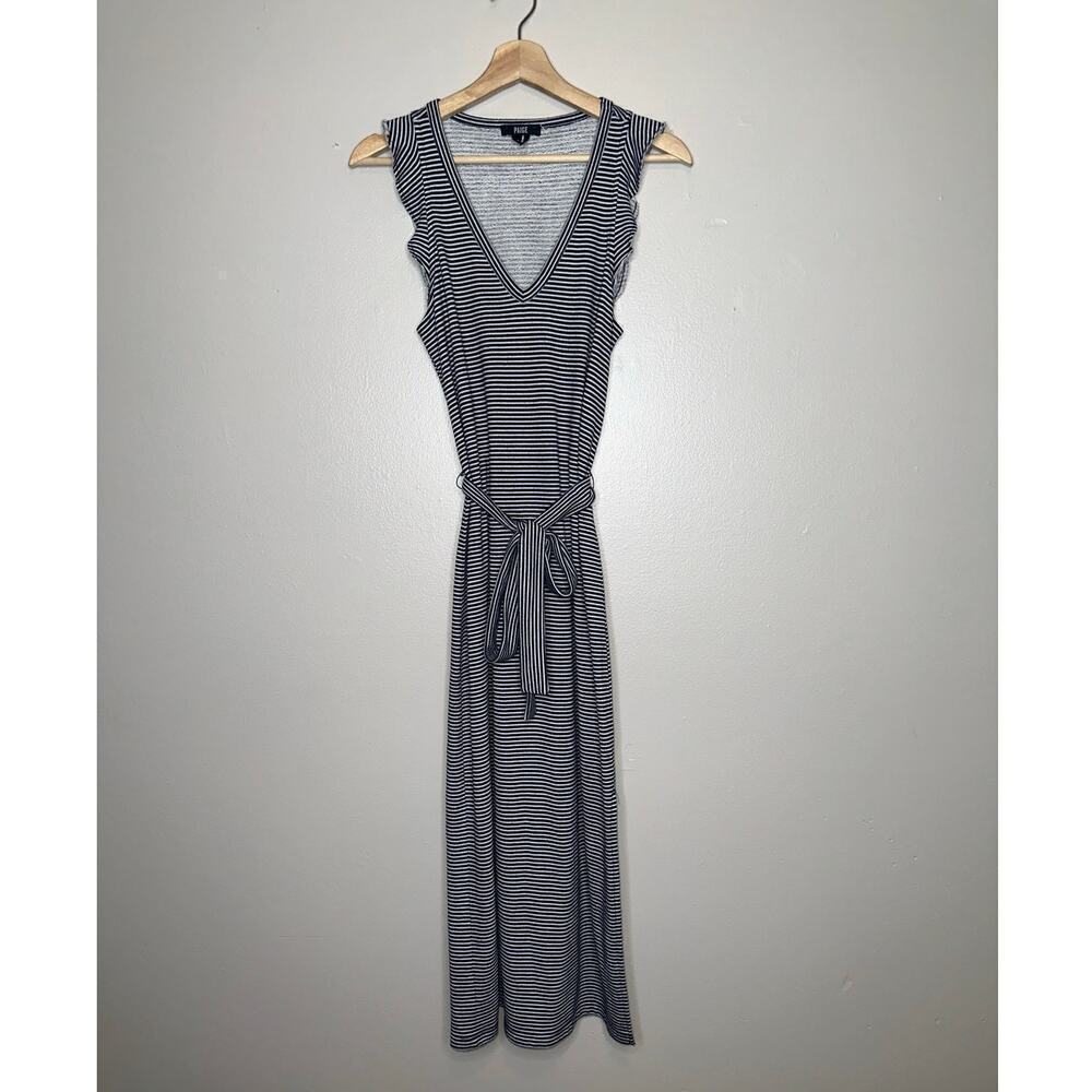 Paige Ravyn Waist Tie Midi Dress Ruffle Sleeve Navy/White Stripe Size XS - Picture 2 of 7